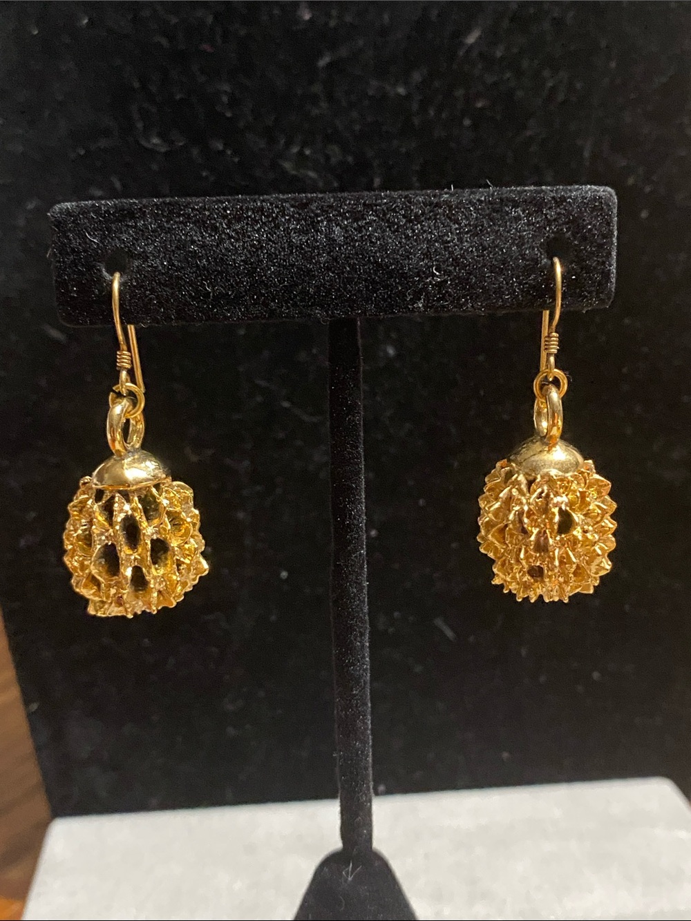 Gold Textured Alder Cone Drop Earrings